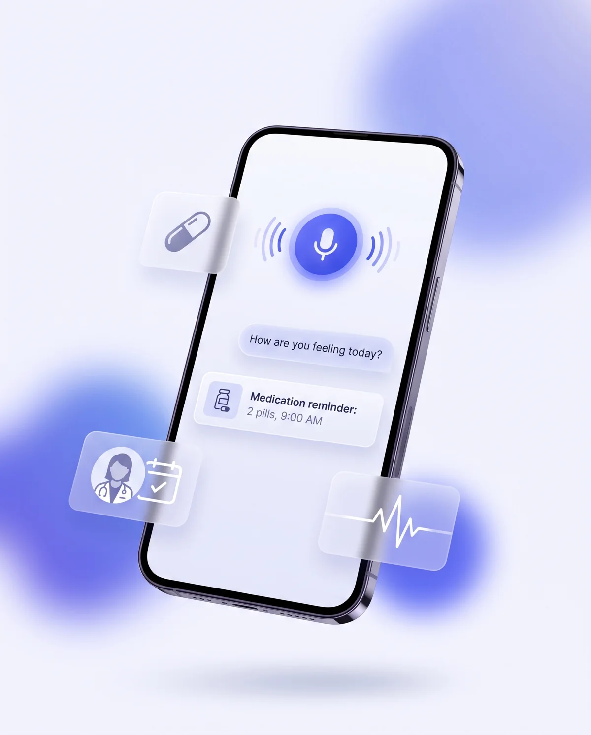 The Kareio app: a voice assistant asking how you are feeling today, a medication reminder, a doctor appointment and a heartbeat card